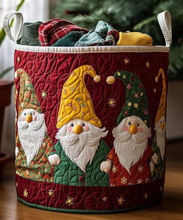 Merry Gnome Quilted Storage Hamper — Collapsible Decorative Laundry Basket With Handles, Charming Holiday Organizer For Home & Kids’ Rooms
