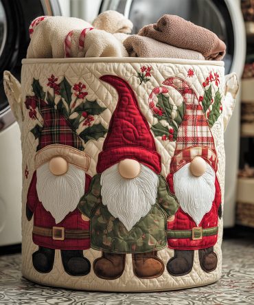 Holiday Gnome Quilted Laundry Hamper — Festive Foldable Basket With Durable Handles, Washable Liner & Decorative Seasonal Design