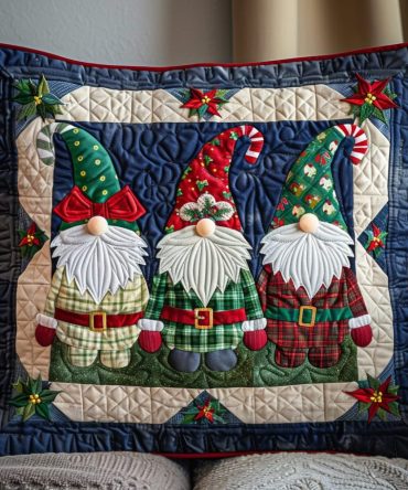 Merry Gnome Quilted Decorative Pillow Cover — Bright Christmas Throw Pillow Case, Soft Durable Accent For Seasonal Home Styling