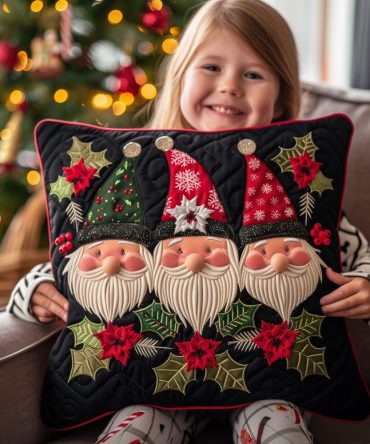 Merry Gnome Trio Quilted Pillow Cover - Festive Christmas Throw Case, Soft Quilted Texture, Decorative Seasonal Accent