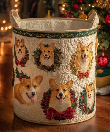 Merry Little Corgi Quilted Laundry Hamper — Charming Holiday Dog Basket, Collapsible & Washable Storage For Home