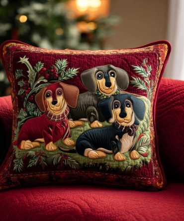 Merry Dachshund Quilted Holiday Pillow Cover — Cute Dog Christmas Throw Case For Pet Lovers & Family Rooms