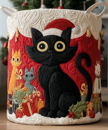 Merry Meow Festive Quilted Hamper - Foldable Cat-Themed Laundry Basket With Handles For Holiday Storage & Gifts