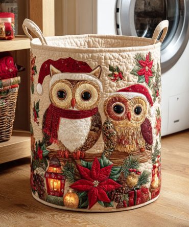 Merry Owl Quilted Laundry Hamper - Joyful Festive Owl Fabric Basket, Foldable Durable Holiday Storage For Home & Gifting