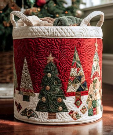Merry Pines Quilted Holiday Laundry Hamper - Festive Evergreen Design, Foldable Padded Fabric Basket With Handles For Seasonal Home Storage