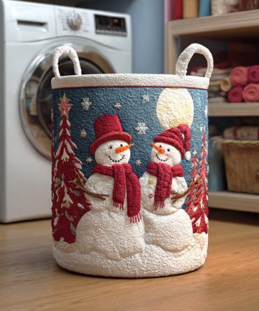 Merry Snowman Day Quilted Laundry Hamper - Festive Snowman Print Foldable Fabric Storage Basket With Carry Handles For Home