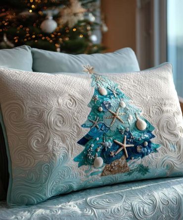 Merry Tides Coastal Quilted Pillow Cover - Holiday Nautical Christmas Throw Pillow Sham For Beach House & Living Room