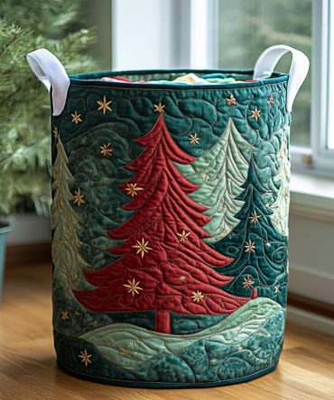 Cozy Quilted Laundry Hamper - Merry Trees Print , Spacious Collapsible Laundry Basket With Soft Padded Sides For Bedroom & Kids' Room