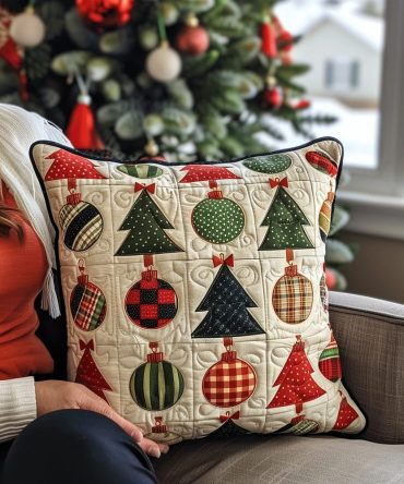 Merry Trees Quilted Pillow Cover — Joyful Christmas Tree Throw Pillow Case, Festive Quilted Accent For Cozy Holiday Styling