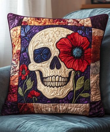 Mexican Folk Art Quilted Skull Pillow Cover — Authentic Day Of The Dead Inspired Decorative Throw, Colorful Folk Motif, Machine Washable