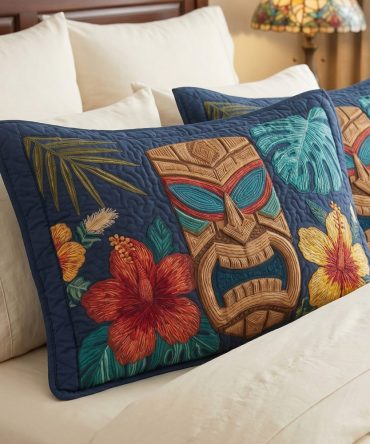 Midnight Tiki Quilted Pillow Cover – Bold Tropical Pattern Decorative Pillowcase, Dark Accent For Sofa Or Bed, Durable Cotton