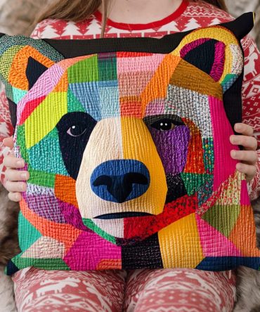 Midnight Bear Quilted Throw Pillow Cover — Cozy Forest-Themed Decorative Pillowcase, Soft Quilted Texture, Machine Washable For Easy Care