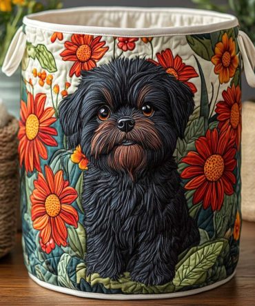 Midnight Bloom Pup Quilted Laundry Hamper — Dark Floral Dog Print Fabric Bin With Handles, Foldable Storage For Chic Bedrooms