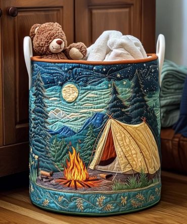 Midnight Camp Quilted Fabric Hamper - Starry Night Camp Motif Collapsible Laundry Basket For Camping, Cabin & Kids, Lightweight, Compact