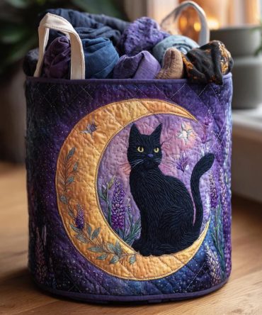 Midnight Cat Quilted Laundry Hamper — Dark Motif Foldable Fabric Basket With Reinforced Handles, Spacious Durable Storage For Bedrooms