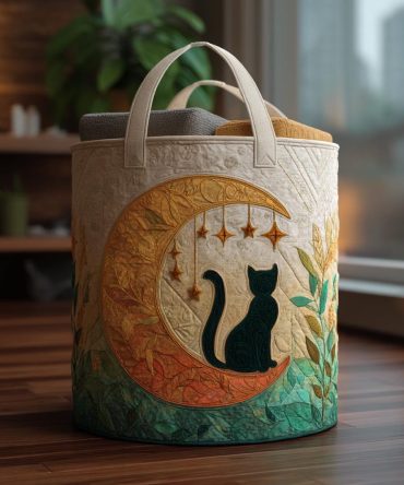 Midnight Cat Quilted Laundry Hamper - Stylish Foldable Fabric Basket With Handles, Durable, Washable, Perfect For Cat Lovers