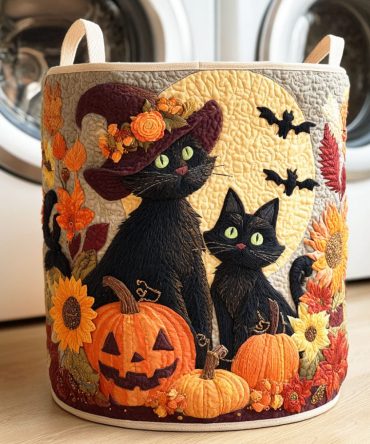 Midnight Cat Quilted Laundry Organizer — Dark-Themed Collapsible Hamper With Plush Quilting, Spacious Interior & Easy-Carry Handles