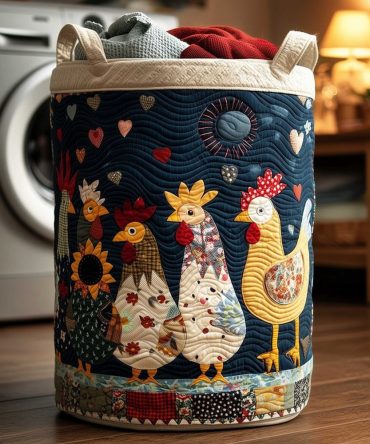 Midnight Farm Rooster Quilted Laundry Hamper — Rustic Rooster Print Collapsible Laundry Basket, Farmhouse Decorative Storage For Home