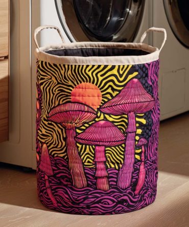 Midnight Floral Mushrooms Quilted Laundry Hamper — Elegant Collapsible Laundry Basket For Bedroom & Dorm, Padded Fabric Storage With Carry Handles