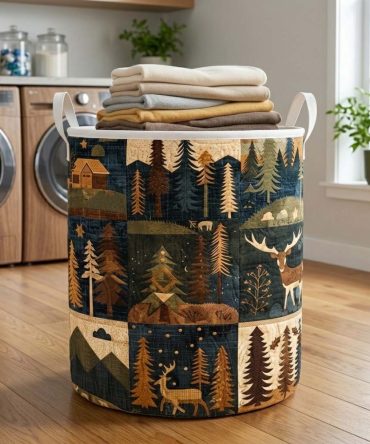 Midnight Forest Quilted Laundry Hamper - Dark Woodland Design, Foldable Stain-Resistant Fabric Basket With Handles & Inner Liner