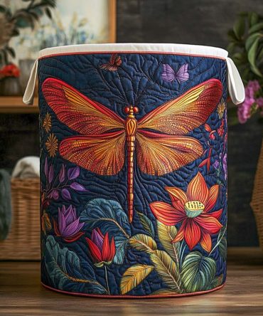 Midnight Garden Dragonfly Quilted Hamper - Elegant Dark Fabric Laundry Basket, Collapsible Clothes Organizer, Washable & Sturdy