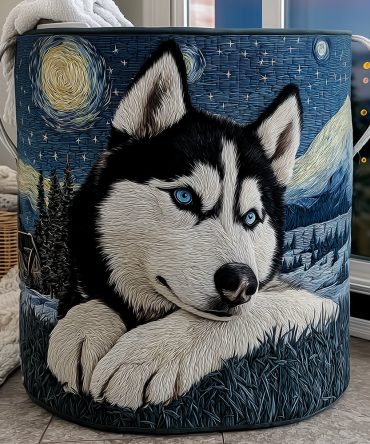 Midnight Husky Quilted Laundry Hamper - Dog-Themed Dark Blue Clothes Organizer With Handles, Cute Pet Lover'S Room Storage