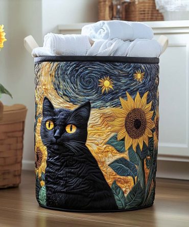 Elegant Midnight Kitty Quilted Laundry Hamper — Dark Cat Print Fabric Basket, Foldable Sturdy Storage With Handles For Bedroom & Nursery