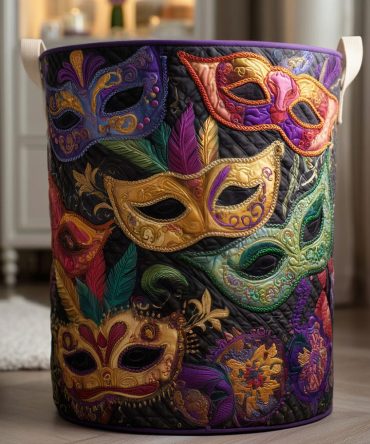 Midnight Masquerade Whiskers Quilted Laundry Hamper - Dramatic Cat Mask Print Collapsible Basket With Soft Quilted Exterior