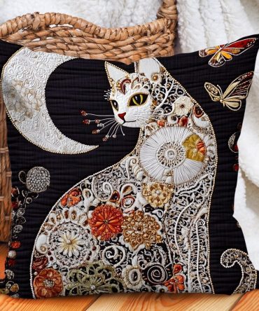 Midnight Cat Quilted Pillow Cover - Black Cat Silhouette Decorative Throw Pillowcase, Luxe Velvet Feel, Nightroom Accent