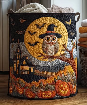 Midnight Owl Quilted Laundry Hamper — Spooky Chic Halloween Fabric Laundry Basket, Durable Washable Storage With Handles