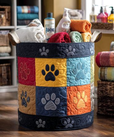 Midnight Paw Quilted Laundry Hamper - Dark Cat-Print Fabric Basket, Collapsible & Washable For Bedroom And Dorm