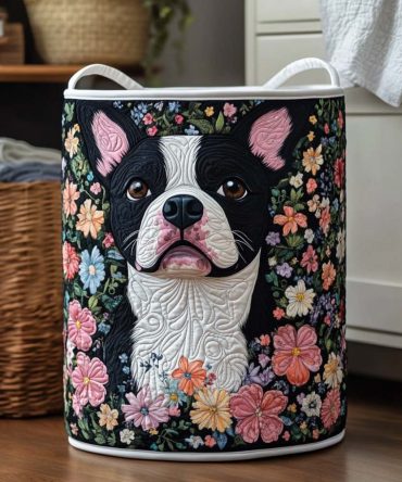 Midnight Petal Paws Patterned Quilted Storage Hamper — Foldable Cotton Laundry Organizer With Sturdy Handles, Roomy & Durable