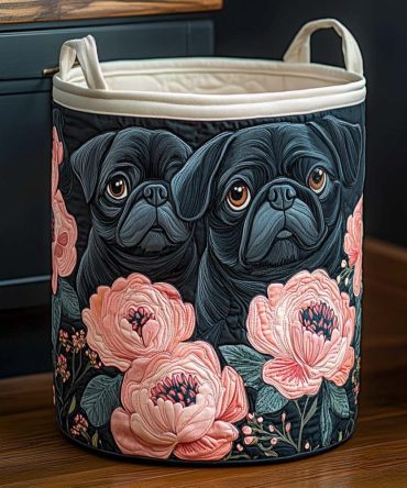 Midnight Pug Blossoms Quilted Hamper — Elegant Dark Floral Pug Pattern, Collapsible Large Laundry Basket, Machine-Washable With Handles