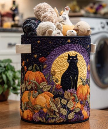 Midnight Purr Quilted Laundry Hamper — Sleek Dark Cat-Print Foldable Basket For Bedroom & Closet Storage, Machine-Friendly