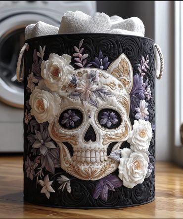 Midnight Skull Quilted Laundry Hamper — Edgy Skull-Print Fabric Basket, Foldable Goth Laundry Storage For Unique Home Decor