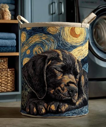 Midnight Black Quilted Laundry Hamper With Labrador Print — Collapsible, Durable Fabric Basket For Home & Nursery