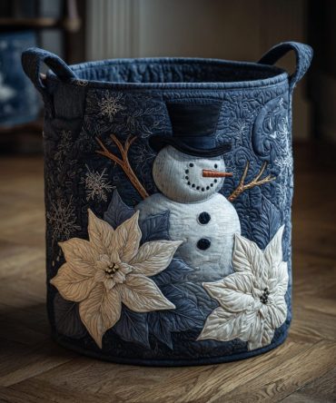 Midnight Snowman Bloom Quilted Laundry Hamper — Elegant Dark-Tone Collapsible Fabric Basket For Bedrooms & Kids' Rooms