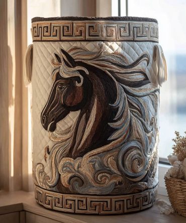 Midnight Steed Quilted Laundry Hamper - Dark Equine-Themed Foldable Laundry Basket With Quilted Finish & Carry Handles