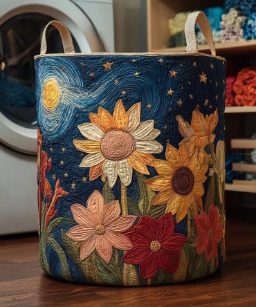 Midnight Sunflowers Quilted Laundry Basket – Stylish Floral Fabric Hamper For Bedroom & Bath, Lightweight Collapsible Storage Solution