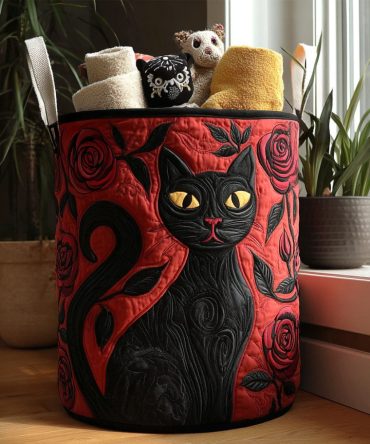 Midnight Whiskers Quilted Fabric Laundry Hamper — Large Washable Laundry Basket With Reinforced Handles For Bedroom & Bath