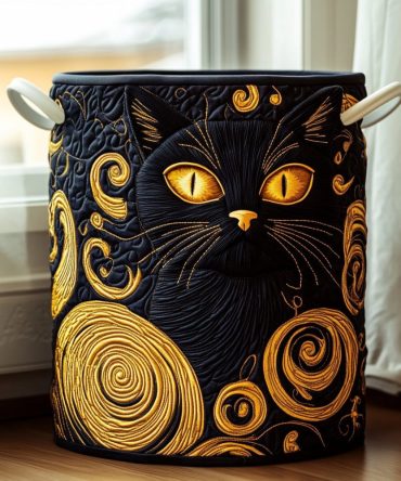 Midnight Whiskers Quilted Laundry Hamper - Stylish Cat Print Fabric Storage Basket, Foldable Laundry Hamper For Cat Lovers & Modern Homes