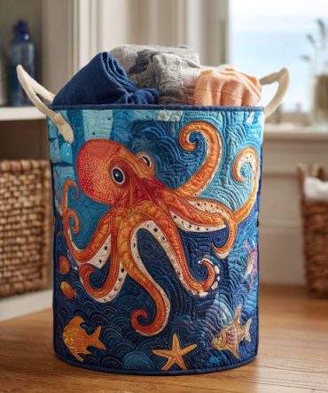 Mighty Octopus Quilted Laundry Hamper - Nautical Foldable Fabric Basket With Waterproof Liner, Easy-Carry Handles For Bathroom & Kids