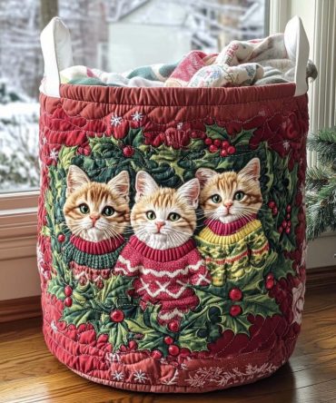 Mistletoe Meow Quilted Laundry Hamper — Festive Mistletoe Cat Print, Collapsible Quilted Basket With Handles For Holiday Home Organization
