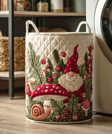 Mistletoe Mushroom Garden Quilted Laundry Hamper - Christmas Storage Basket, Collapsible Fabric Hamper With Handles