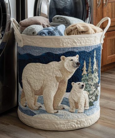Misty Polar Bear Quilted Laundry Hamper – Subtle Gray Arctic Motif, Foldable Washable Hamper With Sturdy Handles For Modern Homes