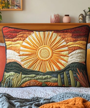 Cactus Sunset Quilted Throw Pillow Cover - Sunset Gradient With Cactus Silhouette, Vibrant Color Pop, Soft Hypoallergenic Quilting - Shop Now