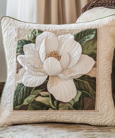Classic Magnolia Quilted Throw Pillow Cover — Soft Floral Cushion Case For Elegant Living Room, Bedroom & Porch Styling