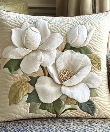 Magnolia Bloom Quilted Decorative Pillow Cover — Elegant Floral Cushion Case For Farmhouse, Cottage & Classic Living Spaces