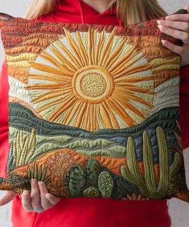 Cactus Sunset Quilted Decorative Pillow Cover — Warm Southwestern Throw Cushion For Cozy Living Rooms & Boho Retreats