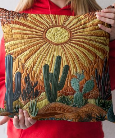 Cactus Sunrise Quilted Pillow Cover — Southwestern Quilted Decorative Pillowcase For Couch & Bed, Vibrant Desert Floral Accent